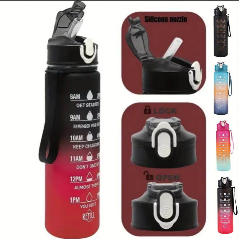 Outdoor Sports Adventure - 750ml Sporttrinkflasche mit Zeitmarkierung, auslaufsicherem Strohhalm