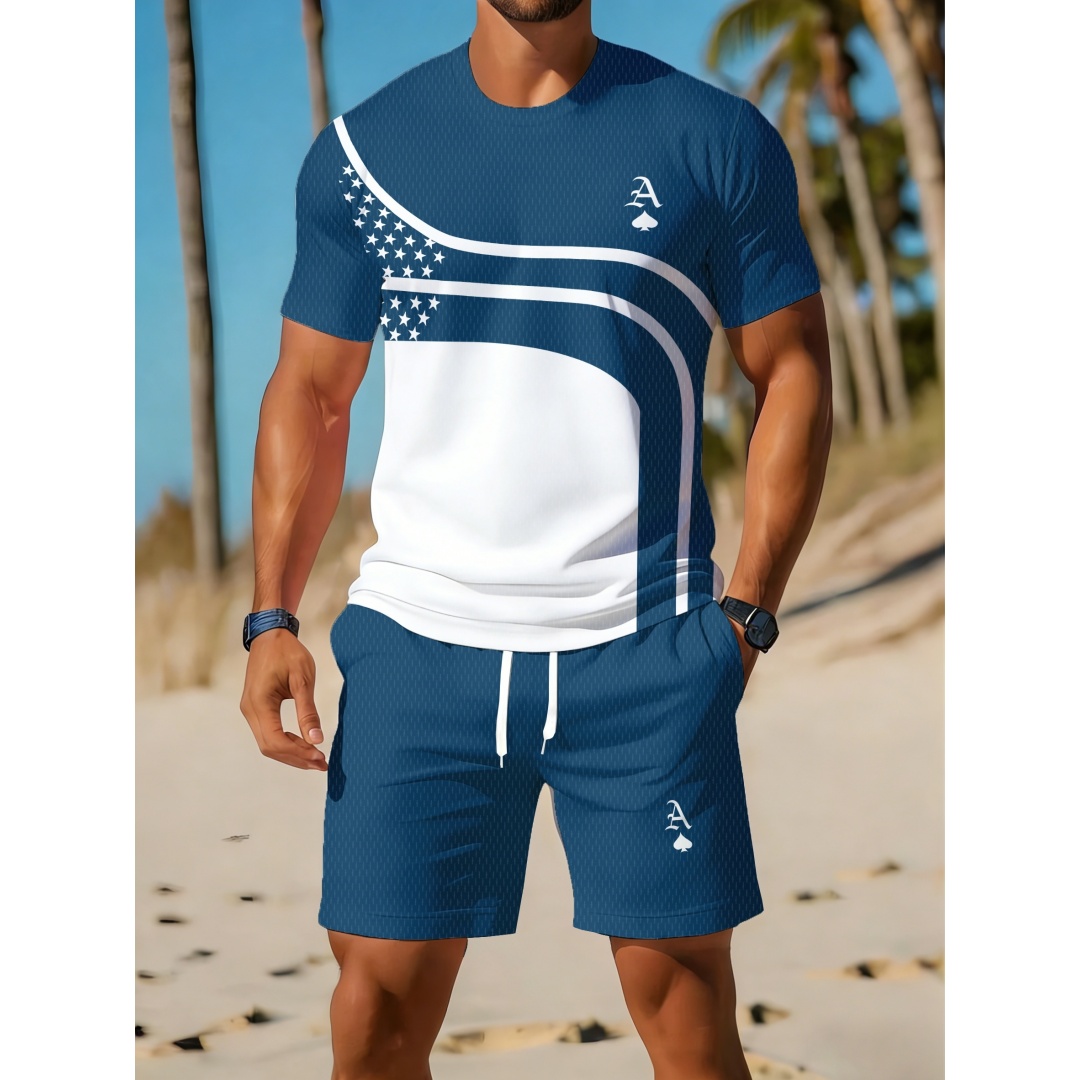 Outdoor Sport Outfit - Sommer Herren Casual Trendy Kurven-Grafik-Print 2-Teiliges